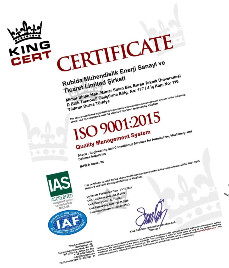 ISO 9001:2015 Kalite Yönetim Sistemi sertifikası